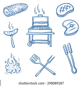 Set of barbecue icons: sweet corn, fire, saussage, steak, meat, grill, turner. Hand drawn doodle vector illustration.