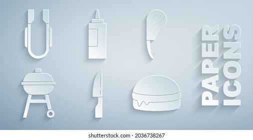Set Barbecue knife, Rib eye steak, grill, Burger, Sauce bottle and Meat tongs icon. Vector