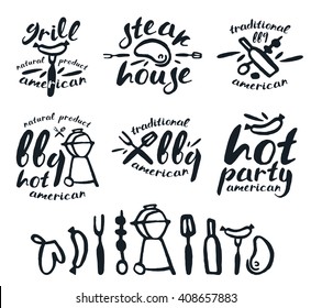 Set of barbecue labels, badges, and design elements in hand drawn style. Black print on white background