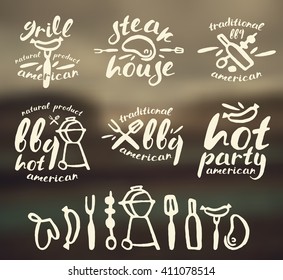 Set of barbecue labels, badges, and design elements in hand drawn style. White print on blurred background