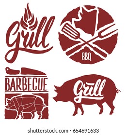Set of barbecue labels, badges, and design elements in vintage style. Red print on white background