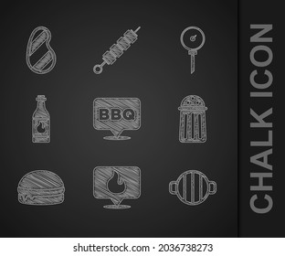 Cocina, Lugar con llama al fuego, parrilla, sal, hamburguesa, salsa de tabasco, termómetro de cocina e ícono de carne de filete. Vector