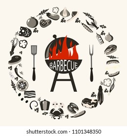 Set of barbecue objects. Collection of BBQ cutlery and various meat dishes, vector illustration, icons of barbecue steaks and sausages, vegetables and kebabs, knife and grid. Set of grey  BBQ 