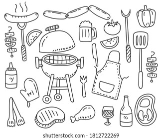 Set of Barbecue party doodle elements vector illustration isolated on white background 