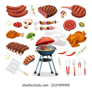 Set Of Barbecue Party Elements Grilled Meat And Ingredients. BBQ Concept In Cartoon Style