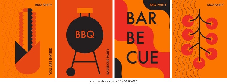 A set of barbecue posters. BBQ time. Barbecue party. Decorative abstract flat vector illustration with grilled food, vegetables, corn, tomatoes. Perfect background for menu, posters, cover design