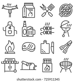 Set of barbecue related vector line icons. Grill, drinks, instruments, meat types