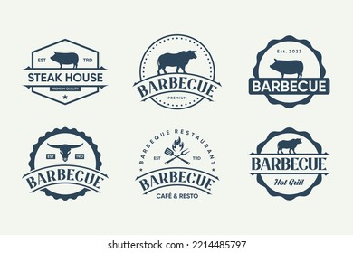 Set of Barbecue restaurant emblem logo design. Grill and Bar badge template.