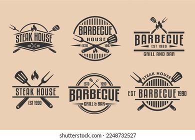 	
set Barbecue restaurant - minimalist logo concept. Logo of Barbecue, Grill and Bar with fire, grill fork and spatula. BBQ logo template. Grunge texture. Vector illustration