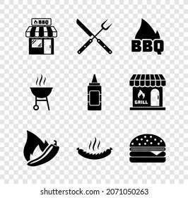 Set Barbecue shopping building, Crossed fork and knife, fire flame, Hot chili pepper pod, Sausage, Burger, grill and Mustard bottle icon. Vector