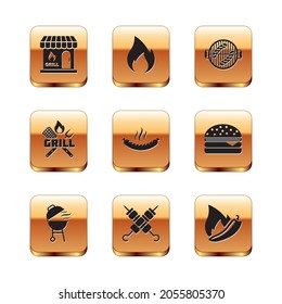 Set Barbecue shopping building, grill, Grilled shish kebab, Sausage, Crossed fork and spatula, with sausage, Hot chili pepper pod and Fire flame icon. Vector