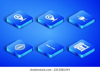 Set Barbecue shopping building, Location with barbecue, knife, grill, fire flame and grilled shish kebab icon. Vector