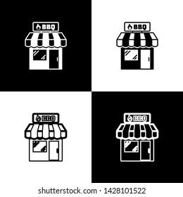 Set Barbecue shopping building or market store icons isolated on black and white background. BBQ grill party. Shop construction. Vector Illustration