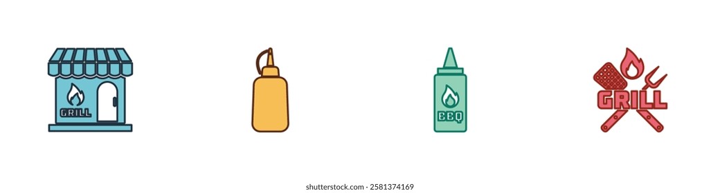 Set Barbecue shopping building, Mustard bottle, Ketchup and Crossed fork and spatula icon. Vector