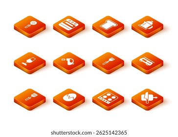 Set Barbecue spatula, Broken egg, Wine glass, Electric mixer, Gas stove, Fork, Cutting board and knife and Electronic scales icon. Vector