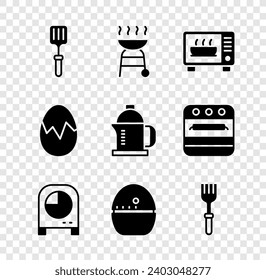 Set Barbecue spatula, grill, Microwave oven, Kitchen timer, Fork, Broken egg and French press icon. Vector