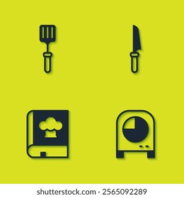Set Barbecue spatula, Kitchen timer, Cookbook and Knife icon. Vector