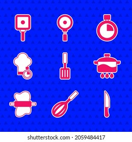 Grillspatel setzen, Küchenwhisk, Knife, Kochtopf, Pin auf Teig rollen, Kochmütze, Stoppuhr und Bratpfanne Symbol. Vektorgrafik