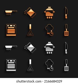 Set Barbecue spatula, Knife, sombrero de chef, horno, olla de cocina, sartén frito y el icono del paquete de pimienta. Vector