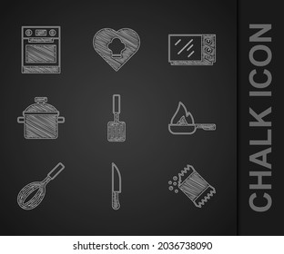 Set Barbecue spatula, Knife, Packet of pepper, Frying pan, Kitchen whisk, Cooking pot, Microwave oven and Oven icon. Vector