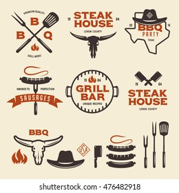 Set of barbecue steak house grill bar labels badges emblems and design elements. Bbq party poster. Grilled sausage on a fork. Cow skull. Cowboy hat. Kitchenware isolated. Vector vintage illustration.