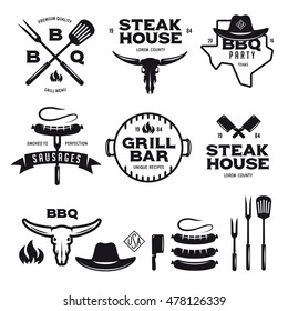 Set of barbecue steak house grill bar labels badges emblems and design elements. Bbq party poster. Grilled sausage on the fork. Cow skull. Cowboy hat. Vector vintage illustration.