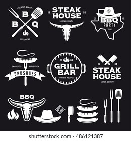 Set of barbecue steak house grill bar labels badges emblems and design elements. Bbq party poster. Grilled sausage on fork. Cow skull. Cowboy hat. Kitchenware isolated. Vector vintage illustration.