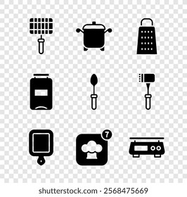 Set Barbecue steel grid, Cooking pot, Grater, Cutting board, Chef hat, Electronic scales, Jam jar and Teaspoon icon. Vector