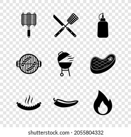 Set Barbecue steel grid, Crossed knife and spatula, Mustard bottle, Sausage, Hot chili pepper pod, Fire flame, grill with sausage and  icon. Vector