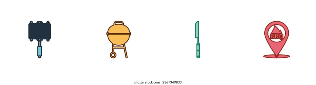 Set Barbecue steel grid, grill, knife and Location with barbecue icon. Vector