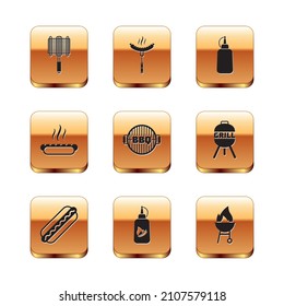 Set Barbecue steel grid, Hotdog sandwich, Ketchup bottle, grill, Mustard,  and Sausage on the fork icon. Vector