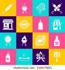 Set Barbecue steel grid, Ketchup bottle, shopping building, Oven glove, grill, Grilled shish kebab and Mustard icon. Vector