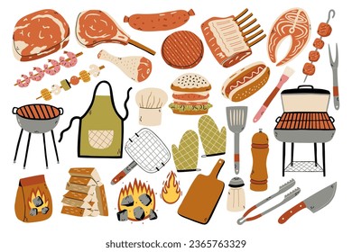 Set Barbecue Tool and Meat. Vector BBQ collection grill equipment in hand drawn style