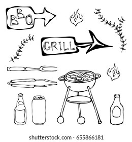 Set of Barbecue Tools: BBQ Fork, Tongs, Grill with Meat, Fire, Beer Bottle, Can, Ketchup, Herbs. Realistic Hand Drawn Sketch. Vector Illustration Isolated On a White Background. Savoyar Doodle Style.