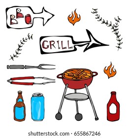 Set of Barbecue Tools: BBQ Fork, Tongs, Grill with Meat, Fire, Beer Bottle, Can, Ketchup, Herbs. Realistic Hand Drawn Sketch Vector Illustration.Isolated On a White Background. Savoyar Doodle Style.
