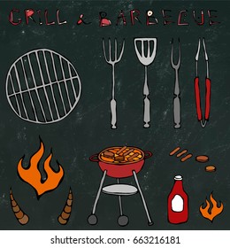 Set of Barbecue Tools: BBQ Fork, Tongs, Grill with Meat, Fire, Ketchup, Bull Horns. Isolated on a Black Chalkboard Background. Realistic Doodle Cartoon Style Hand Drawn Sketch Vector Illustration.