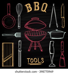  Set of barbecue tools drawn in colored chalk on a blackboard. Hot brazier, grater to peel, blender, frying pan, tongs, knife, slicer, blade. Black and white poster for a picnic in retro style.