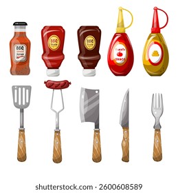 Set of barbecue tools and sauces.. Hand drawn illustration. Isolate on white background, clip art, vector.