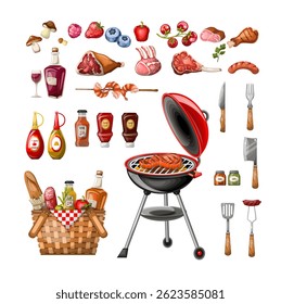 Set of barbecue tools and sauces.. Hand drawn illustration. Isolate on white background, clip art, vector.