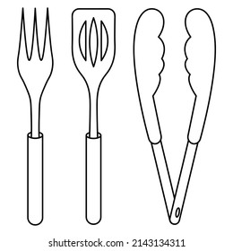 A set of barbecue tools. Sketch. A large barbecue fork with three prongs, a spatula and tongs. Vector illustration. Coloring book. Outline on an isolated background. Doodle style. Tools for turning