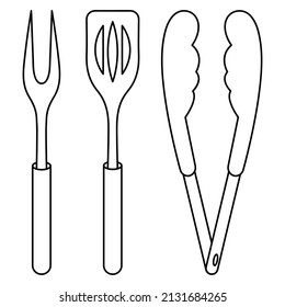 A set of barbecue tools. Sketch. Meat fork with two prongs, spatula and tongs. Vector illustration. Coloring. Outline on isolated background. Tools for turning, moving and removing food from the grill