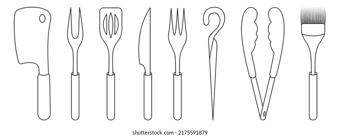 A set of barbecue tools. Sketch. Meat fork with two prongs, spatula, knife, tongs, silicone brush, fork with three prongs, hatchet and metal skewer for barbecue. Vector illustration. Coloring. 