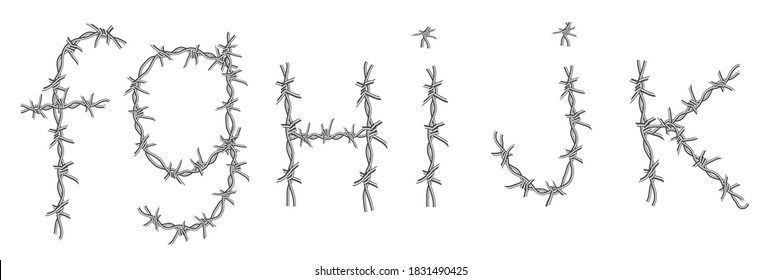 Set Barbed wire alphabet, font,  isolated on white background, letters F G H J I K vector illustration