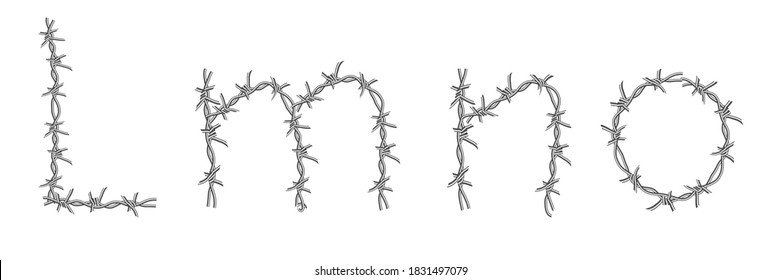 Establecer alfabeto de alambre de púas, fuente, aislado en fondo blanco, letras L M N ilustración vectorial O