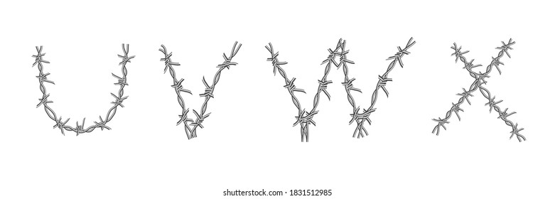 Set Barbed wire alphabet, font,  isolated on white background, letters U V W X vector illustration