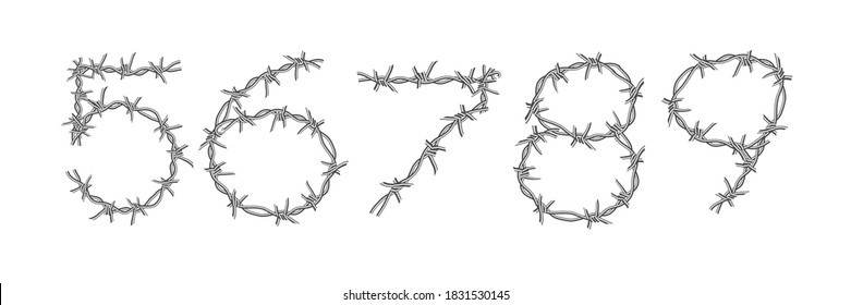 Set Barbed wire alphabet, font,  isolated on white background, letters, numeral, figures, nambers 5 6 7 8 9  vector illustration