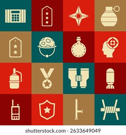 Set Barbed wire, Aviation bomb, Target sport, Japanese ninja shuriken, Military helmet, rank, Dynamite and Canteen water bottle icon. Vector