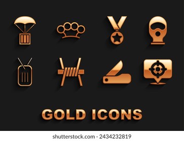 Set Barbed wire, Balaclava, Target sport, Swiss army knife, Military dog tag, reward medal, Airdrop box and Brass knuckles icon. Vector