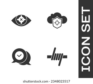Ajuste alambre de púas, exploración ocular, marca de verificación en burbuja de voz e icono de nube y escudo. Vector