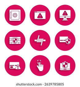 Set Barbed wire, Fingerprint, Laptop protected with shield, Credit card, Shield brick wall, Monitor exclamation mark and Safe icon. Vector
